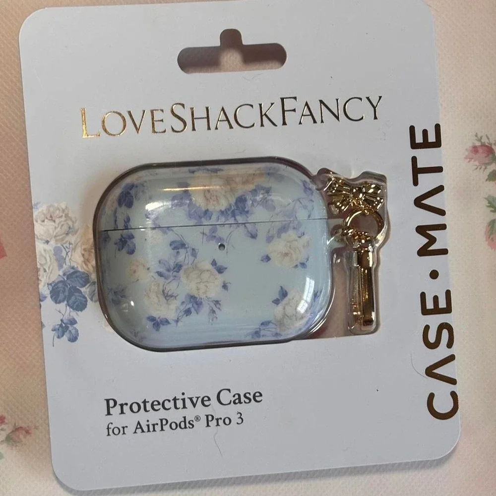 LoveShackFancy case mate iPhone 17 Pro Max and AirPods Pro 3 cases blue